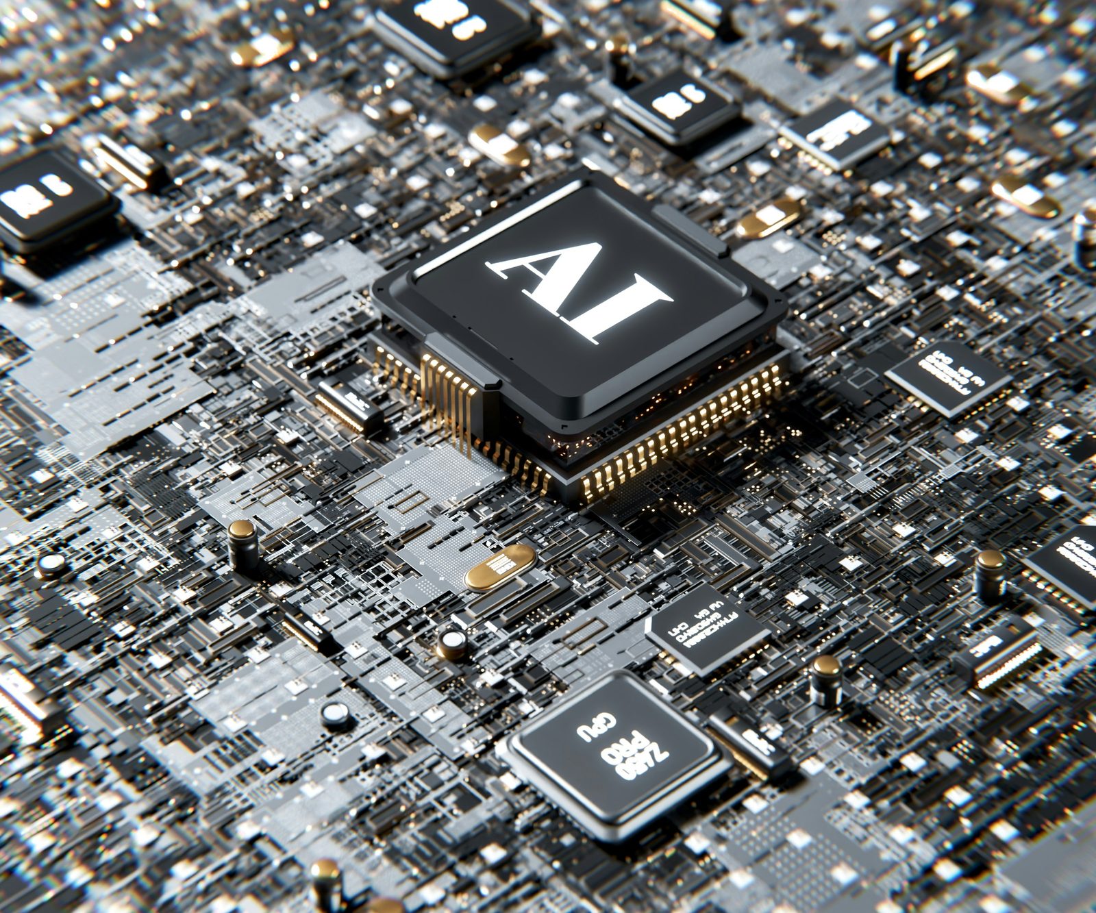 Macro photograph of an AI processor die mounted on a dark circuit board