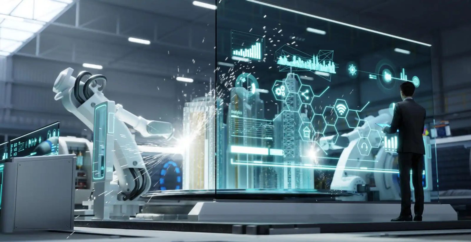 Engineer at a holographic control wall, reviewing a running synthetic fab world