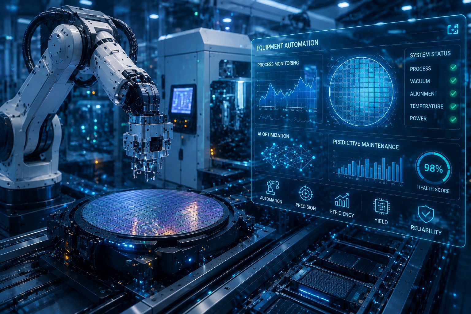Robotic arm handling a wafer beside an equipment-automation HUD in a fab