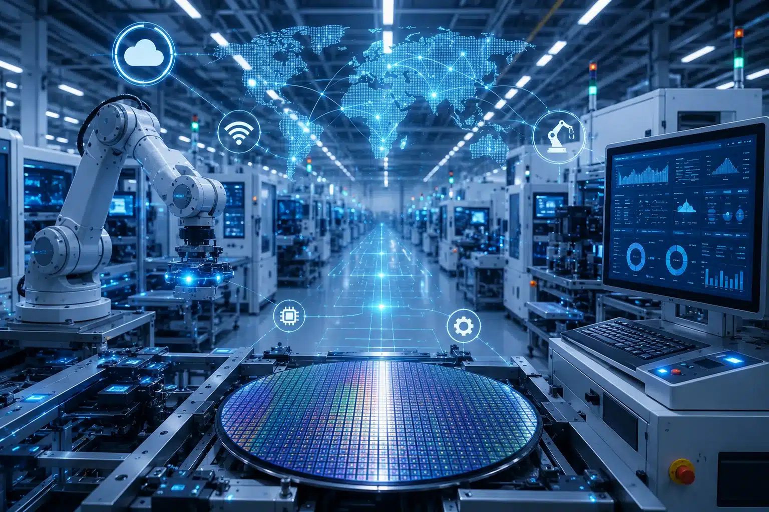 Automated fab floor with a patterned wafer in the foreground and a glowing global network map overhead