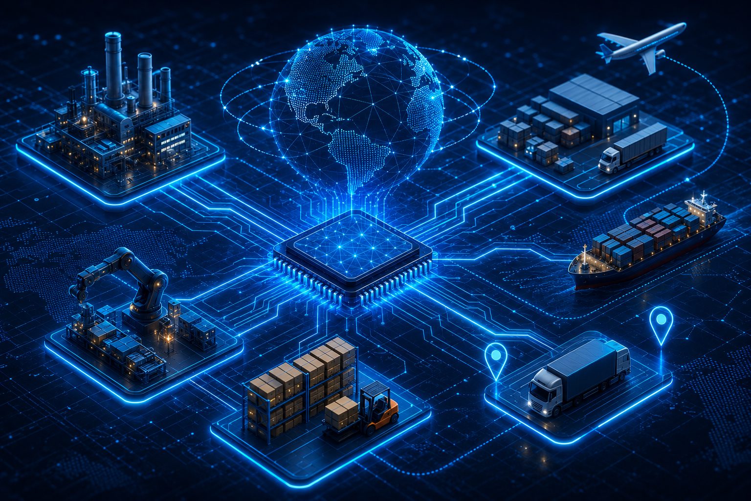 Semiconductor supply chain as a circuit board: fab, warehouse, ship, truck and air freight nodes wired to a central chip under a connected globe